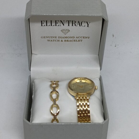 Ellen Tracy ET8065 Women's 32mm Gold Tone Diamond Dial Watch + Bracelet Set - Picture 10 of 11